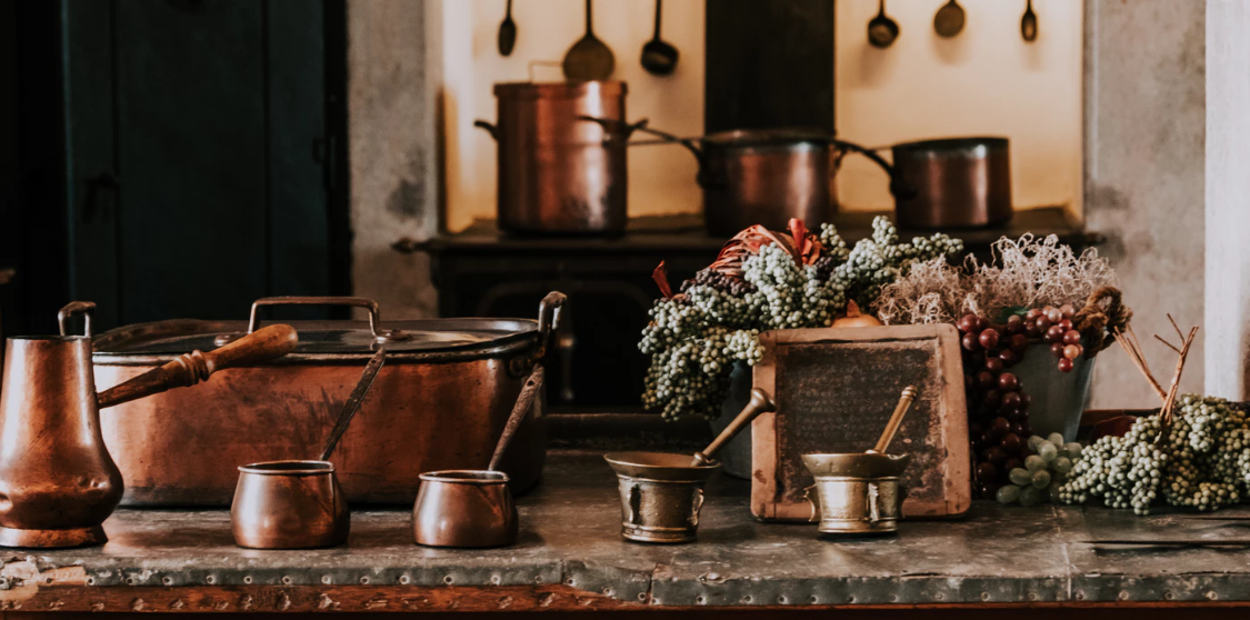 Copper utensils in a kitchen