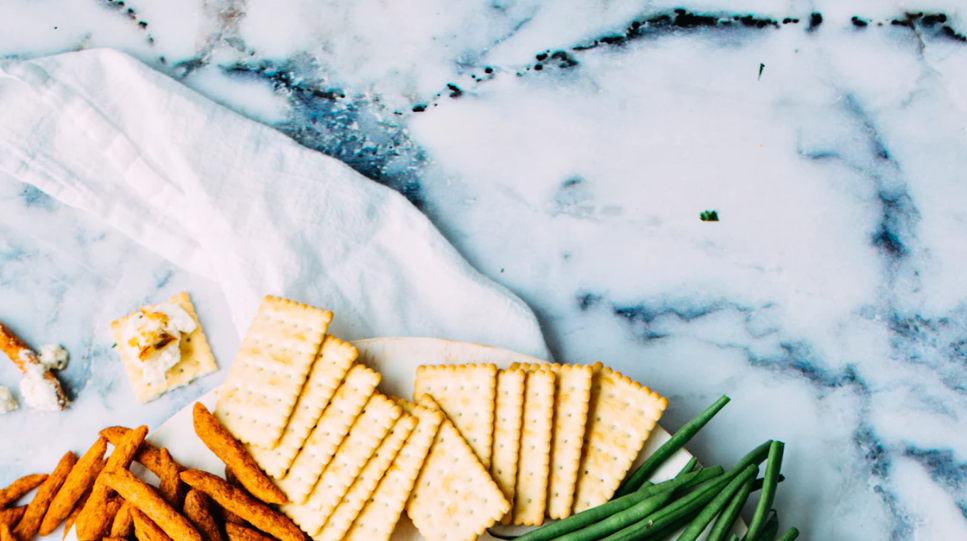 Plate of food on marble countertops