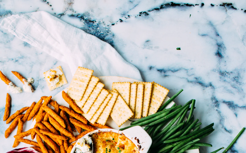 Platter of food, marble countertop